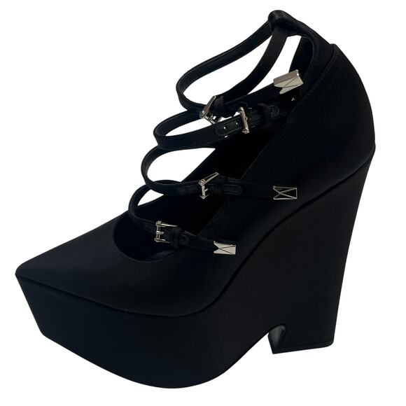 S6 VERSACE 4-Strap Heels Pump Tempest Wedge Satin Black IT37/US6.5 - Picture 4 of 9